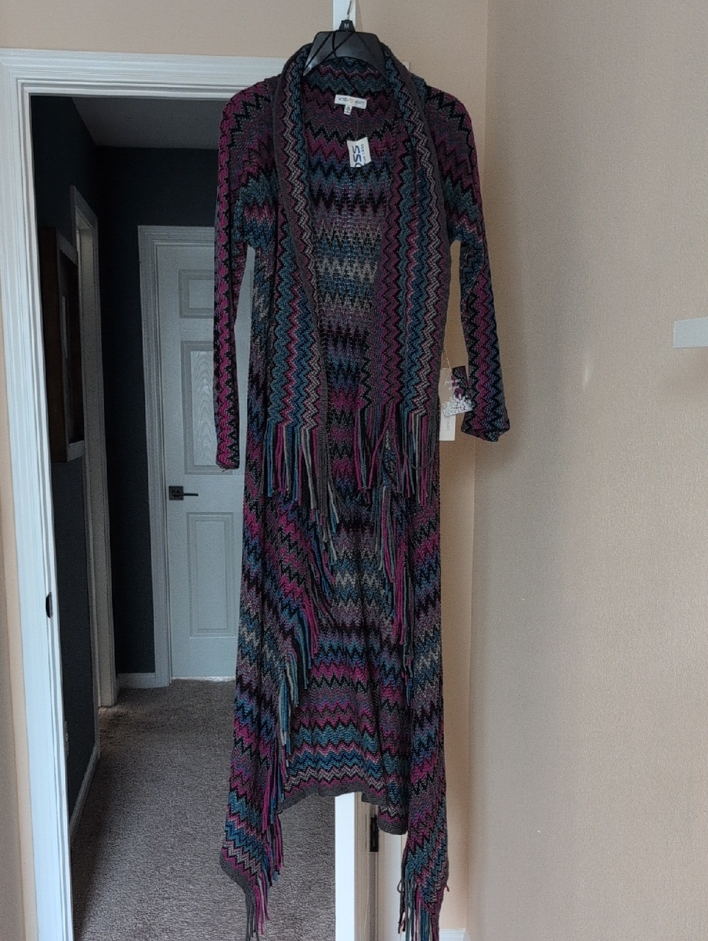 Woven Heart Zigzag Open-Front Cardigan in Purple, Teal, Gray